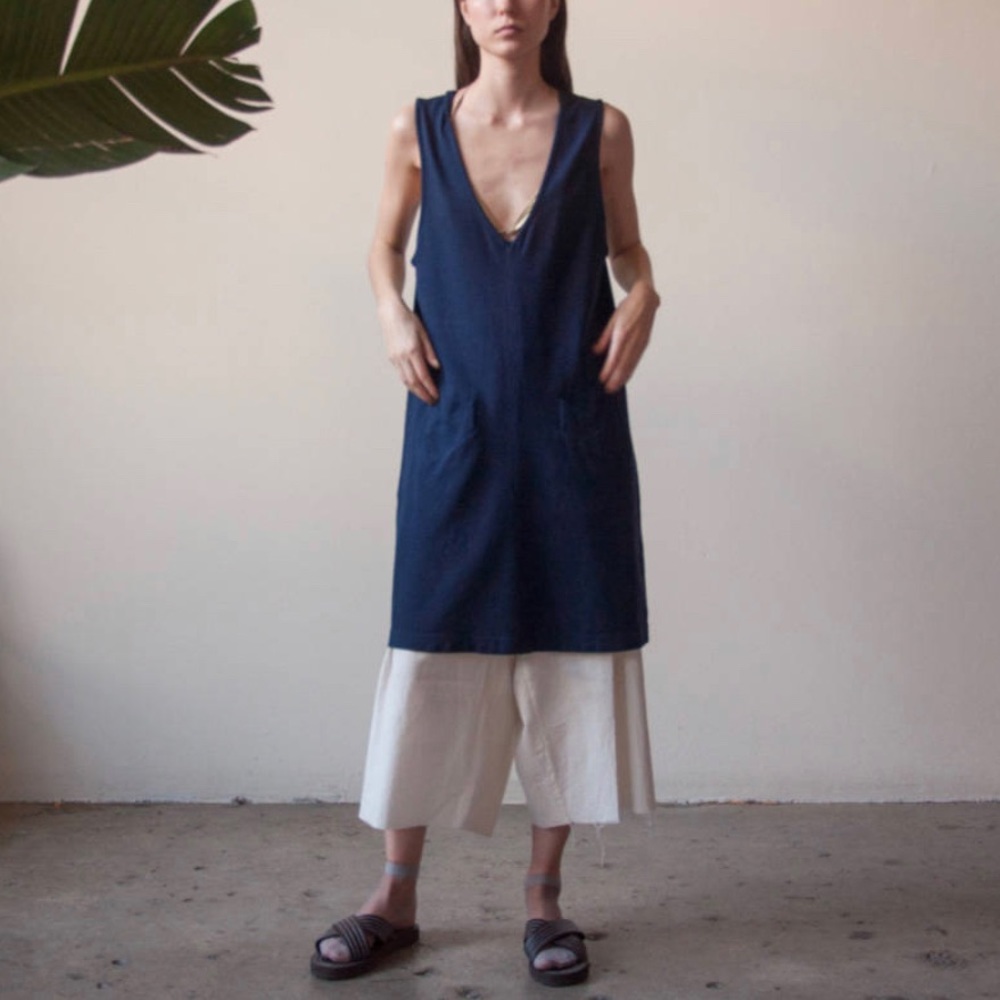 Vintage Minimalist Navy Blue Deep V Dress